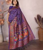 purple soft silk blend meenakari weaving work pashmina saree