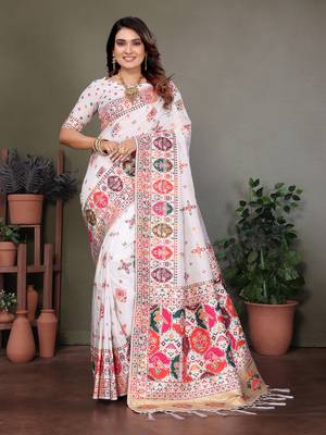 white rajwadi pashmina silk blend weaving kashmiri thread woven saree 2