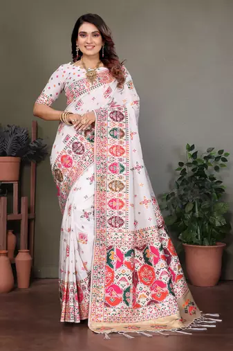 white rajwadi pashmina silk blend weaving kashmiri thread woven saree
