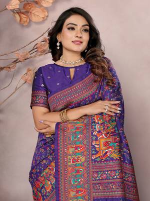 purple soft silk blend meenakari weaving work pashmina saree 3