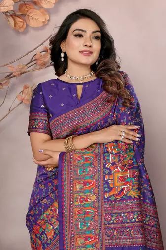 purple soft silk blend meenakari weaving work pashmina saree
