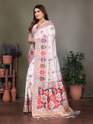 white rajwadi pashmina silk blend weaving kashmiri thread woven saree 3