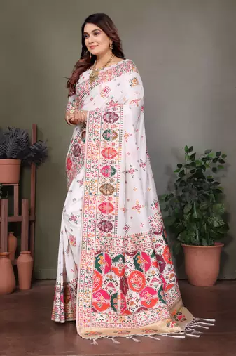 white rajwadi pashmina silk blend weaving kashmiri thread woven saree