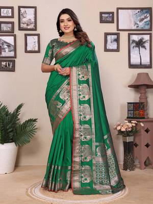 green soft silk blend solid self jacquard weaving banarasi saree 1