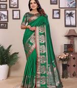 green soft silk blend solid self jacquard weaving banarasi saree