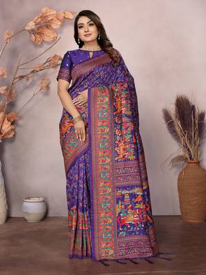 purple soft silk blend meenakari weaving work pashmina saree 4