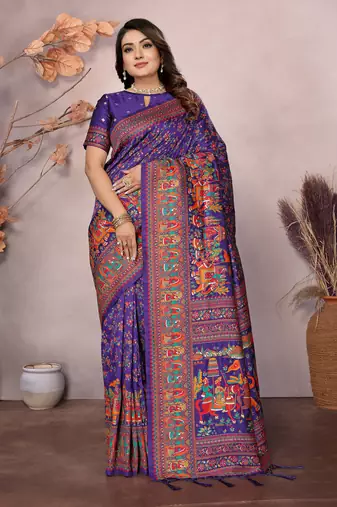 purple soft silk blend meenakari weaving work pashmina saree