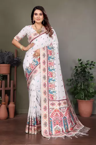 white rajwadi pashmina silk blend weaving kashmiri thread woven saree