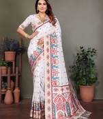 white rajwadi pashmina silk blend weaving kashmiri thread woven saree