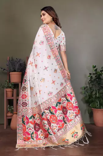 white rajwadi pashmina silk blend weaving kashmiri thread woven saree