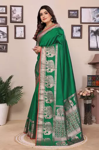 green soft silk blend solid self jacquard weaving banarasi saree