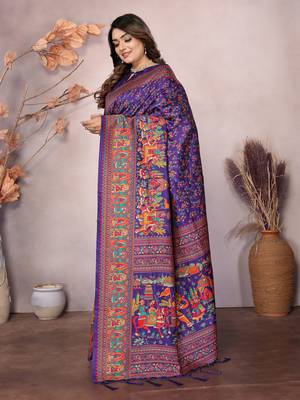 purple soft silk blend meenakari weaving work pashmina saree 5