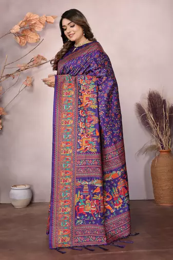 purple soft silk blend meenakari weaving work pashmina saree