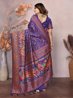 purple soft silk blend meenakari weaving work pashmina saree 6
