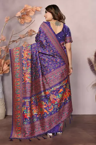 purple soft silk blend meenakari weaving work pashmina saree