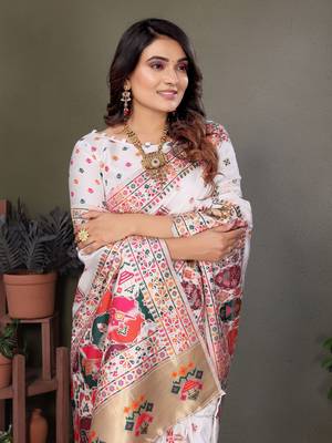 white rajwadi pashmina silk blend weaving kashmiri thread woven saree 5