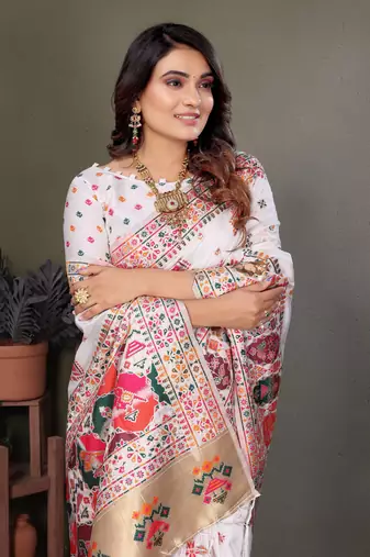 white rajwadi pashmina silk blend weaving kashmiri thread woven saree