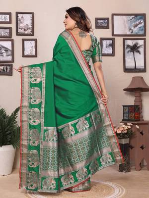 green soft silk blend solid self jacquard weaving banarasi saree 4