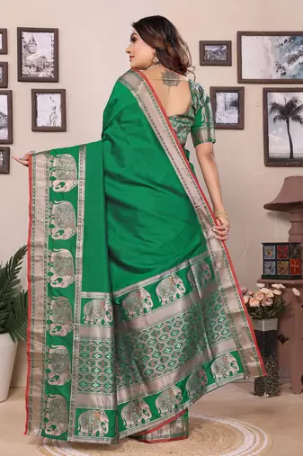 green soft silk blend solid self jacquard weaving banarasi saree