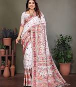 white rajwadi pashmina silk blend weaving kashmiri thread woven saree