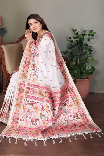 white rajwadi pashmina silk blend weaving kashmiri thread woven saree
