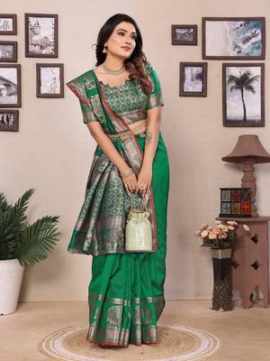 green soft silk blend solid self jacquard weaving banarasi saree 5