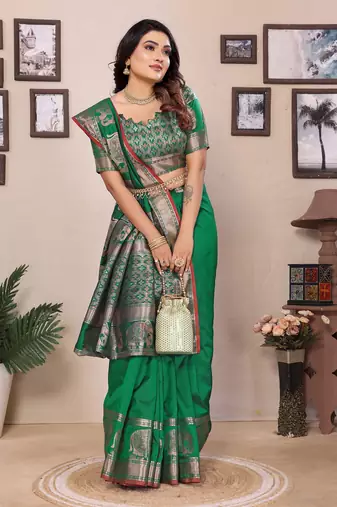 green soft silk blend solid self jacquard weaving banarasi saree