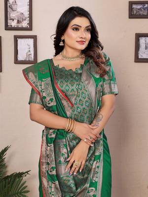 green soft silk blend solid self jacquard weaving banarasi saree 6