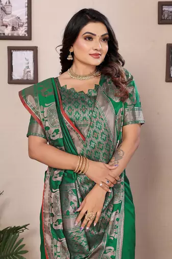 green soft silk blend solid self jacquard weaving banarasi saree