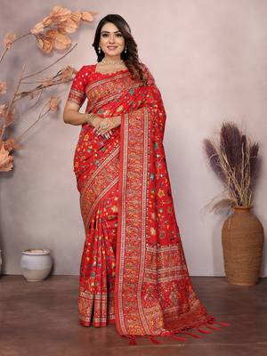 red soft silk blend meenakari weaving work pashmina saree 1