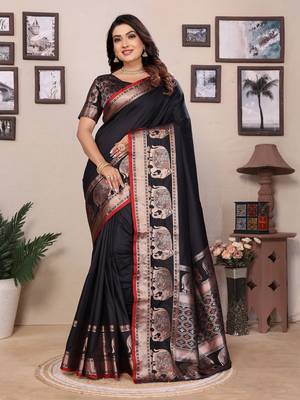 black soft silk blend solid self jacquard weaving banarasi saree 1