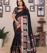 black soft silk blend solid self jacquard weaving banarasi saree