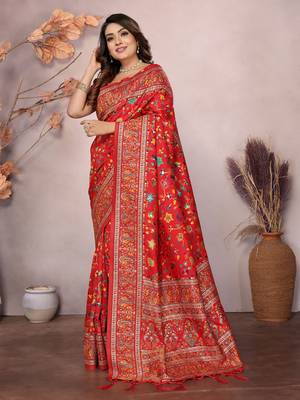 red soft silk blend meenakari weaving work pashmina saree 3