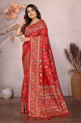 red soft silk blend meenakari weaving work pashmina saree
