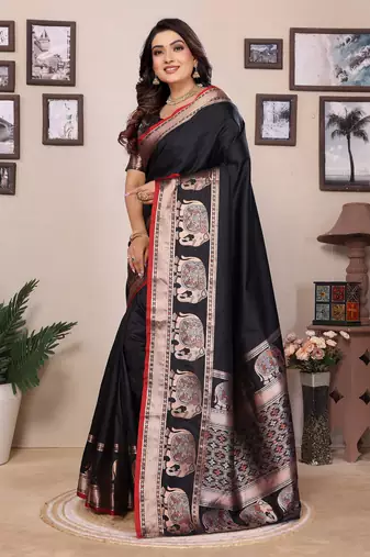 black soft silk blend solid self jacquard weaving banarasi saree