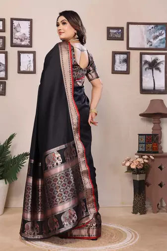 black soft silk blend solid self jacquard weaving banarasi saree