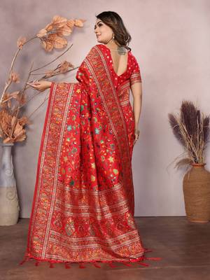 red soft silk blend meenakari weaving work pashmina saree 4