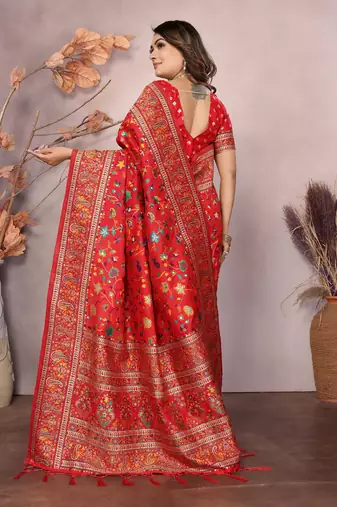 red soft silk blend meenakari weaving work pashmina saree