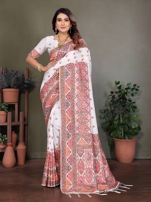 white rajwadi pashmina silk blend weaving kashmiri thread woven saree 1