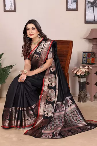 black soft silk blend solid self jacquard weaving banarasi saree