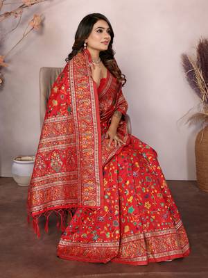 red soft silk blend meenakari weaving work pashmina saree 5