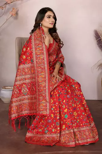 red soft silk blend meenakari weaving work pashmina saree