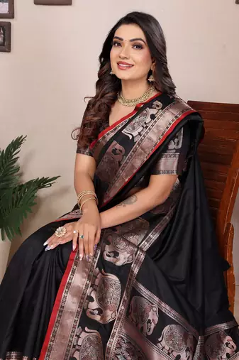 black soft silk blend solid self jacquard weaving banarasi saree