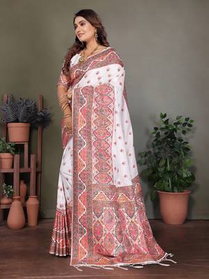 white rajwadi pashmina silk blend weaving kashmiri thread woven saree 3