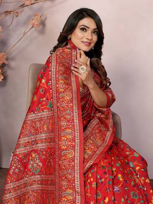 red soft silk blend meenakari weaving work pashmina saree 6