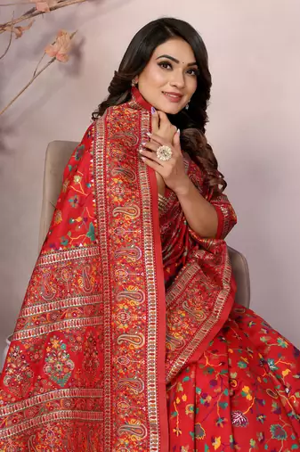 red soft silk blend meenakari weaving work pashmina saree