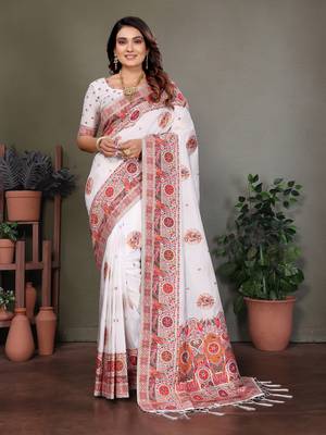 white rajwadi pashmina silk blend weaving kashmiri thread woven saree 1