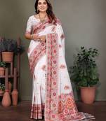 white rajwadi pashmina silk blend weaving kashmiri thread woven saree