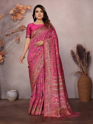 rani pink soft silk blend meenakari weaving work pashmina saree 1