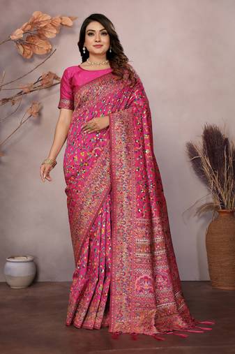 rani pink soft silk blend meenakari weaving work pashmina saree